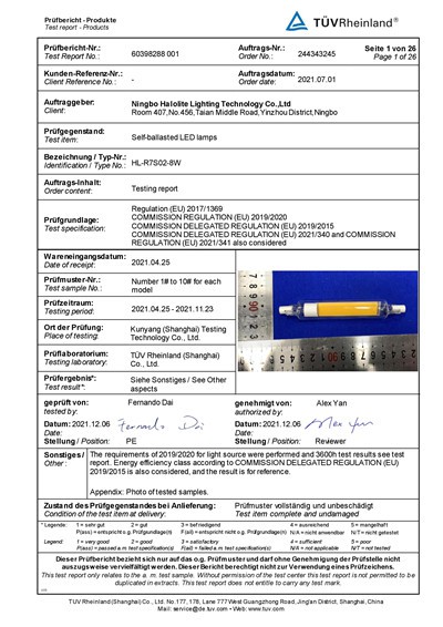 TUV Testing Report HL-R7S02-8W
